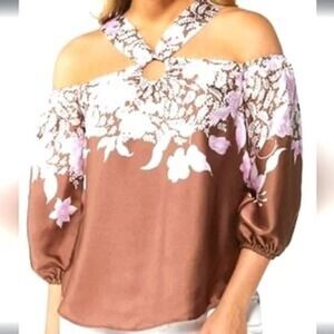 Cato Womens XL Brown Lavender Floral Cold Shoulder Satin Blouse O-Ring‎ Keyhole